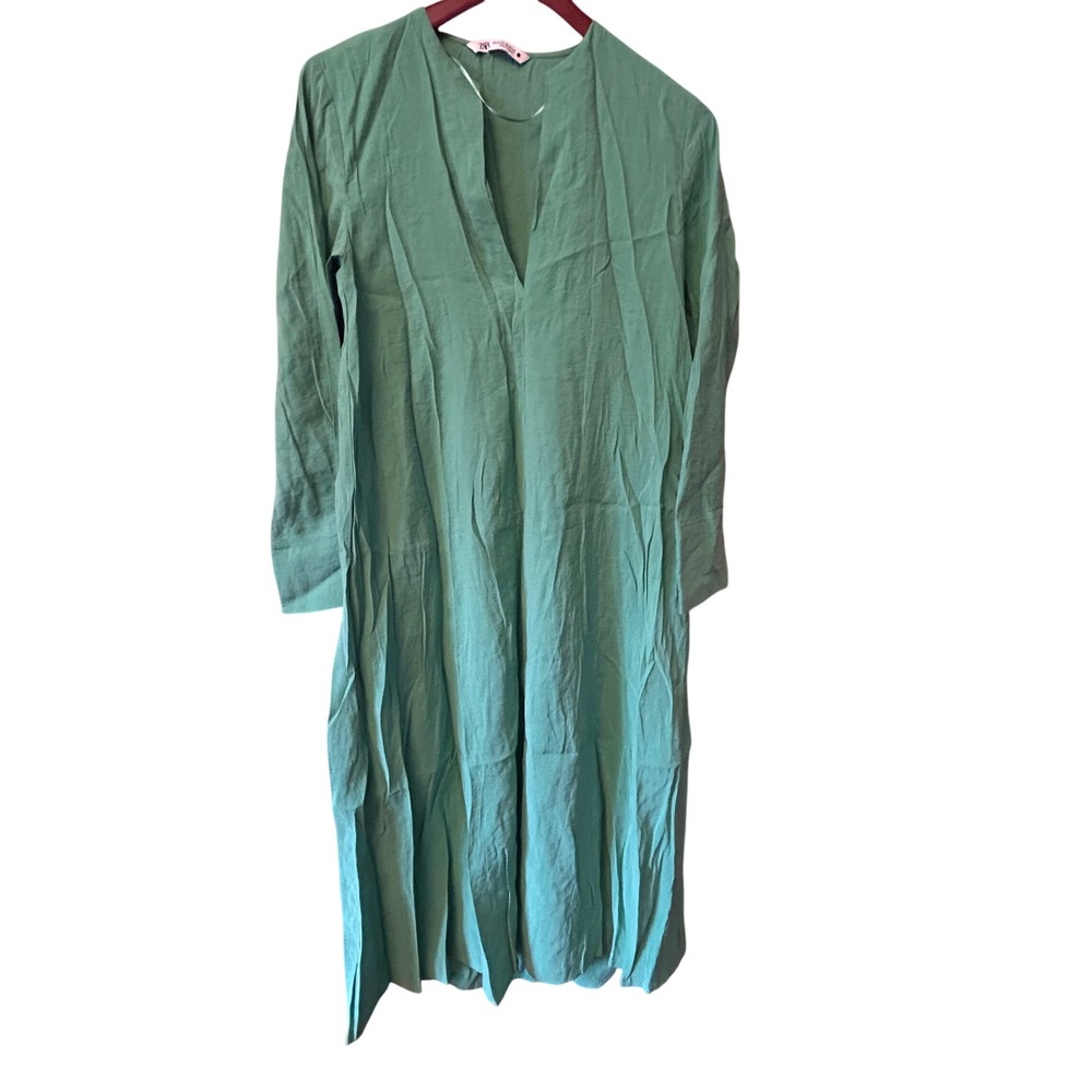 Zara Kaftan Dress Womens XS Green Excellent V-Neck Long Sleeve Midi Slit Relaxed
